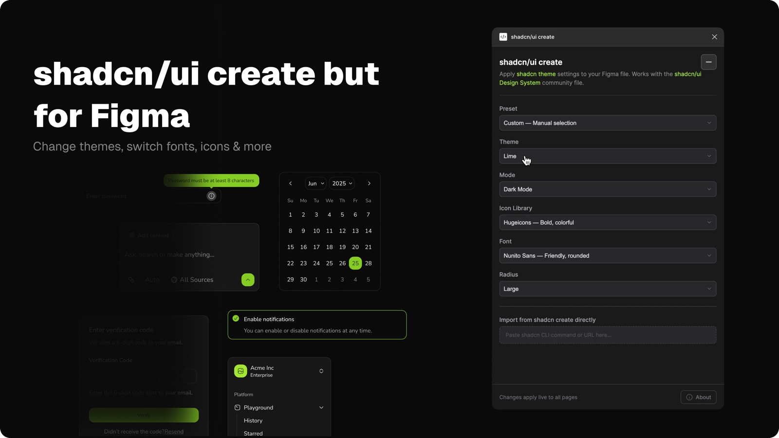 The shadcn/ui create plugin open next to the shadcn/ui Figma library