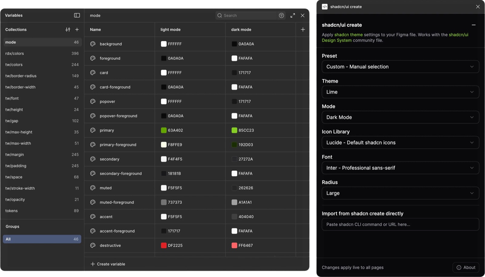 The Figma variables panel showing the mode columns the plugin edits